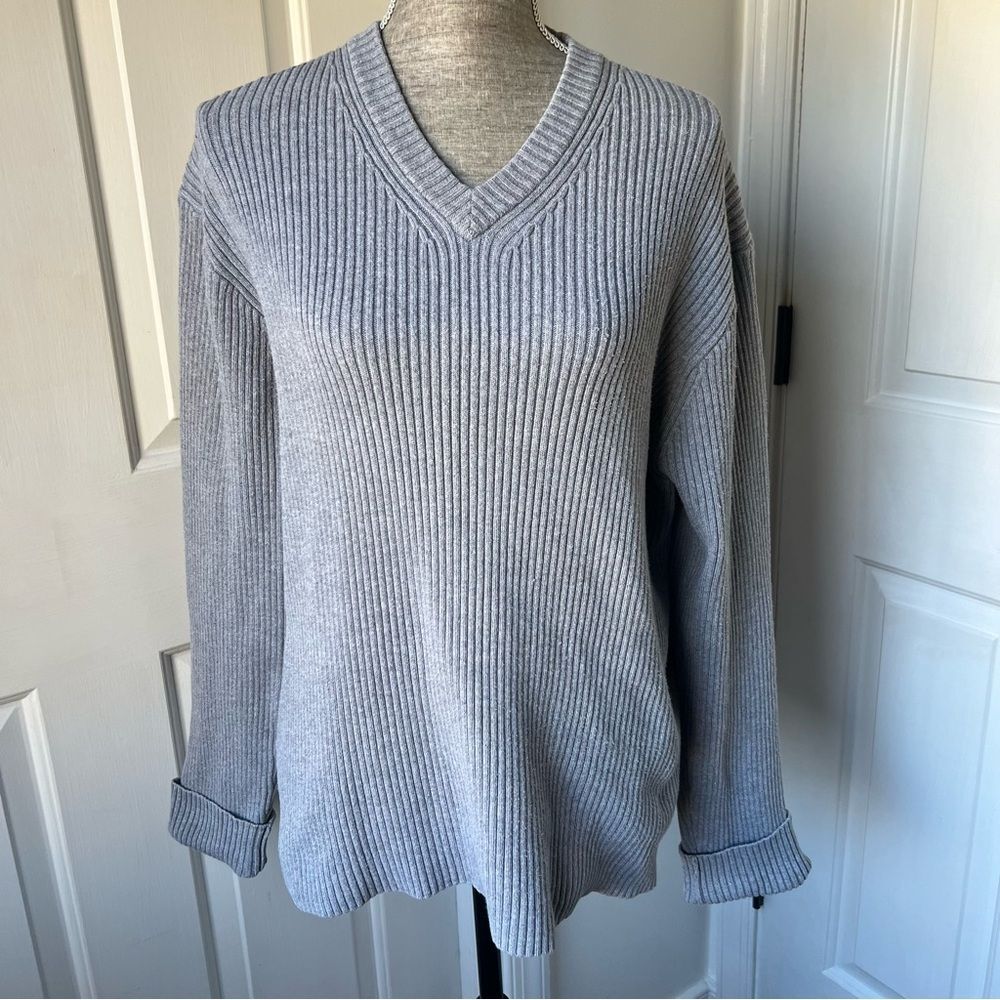 Vintage J. Crew Cotton Ribbed Knit V-neck Sweater in Gray Size XL